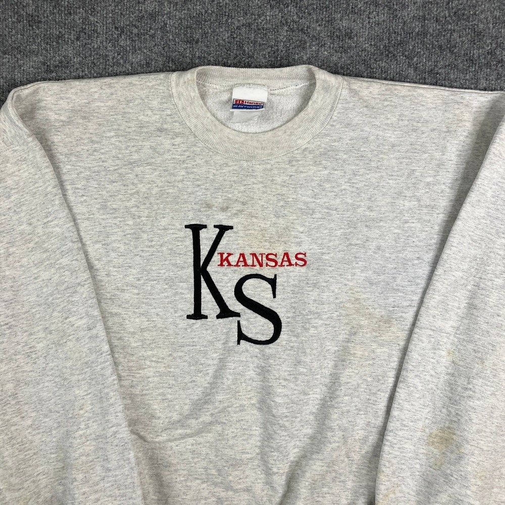 Hanes Sweatshirt Mens Size XL Gray Kansas KS Graphic Crewneck Heavyweight